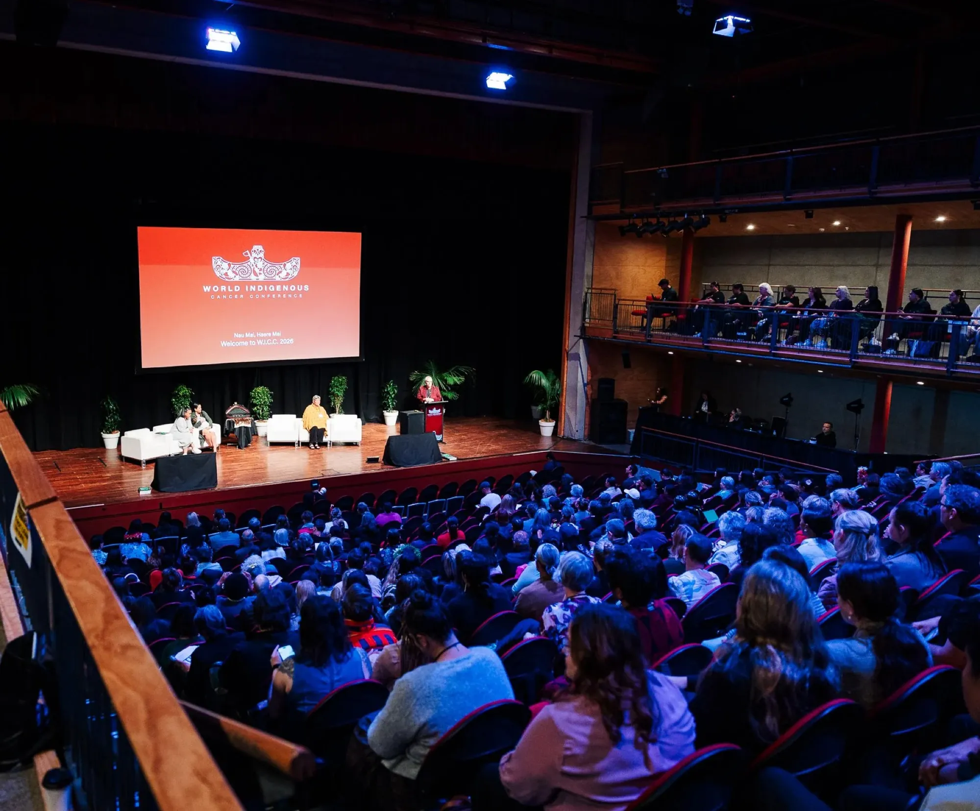 The auditorium during the opening session of the World Indigenous Cancer Conference, Due Drop Events Centre, Manukau, April 2026